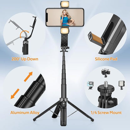 UTEBIT Selfie Stick Tripod for iPhone, 40" Lightweight Phone Tripod Stand with Light & Bluetooth Remote, 3 Light Modes Extendable Selfie Stick Compatible with All iPhone/Android, All-in-1, Black