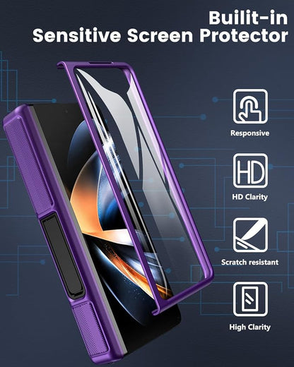 Viaotaily for Galaxy Z Fold 4 Case with Kickstand & Card Holder & Hinge Protection & Sliding Camera Cover, Built-in Screen Protector, Durable Rugged Phone Case for Samsung Z Fold 4, 2022, Dark Purple