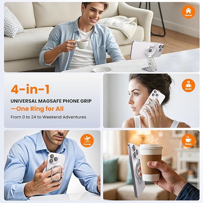 Magnetic Phone Grip & Stand for Desk, Bed & On-the-Go – Compatible with MagSafe – Secure One-Hand Hold, Comfortable Scrolling, Hands-Free Video Calls (Silver)