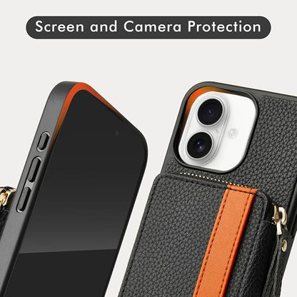 LAMEEKU Compatible with iPhone 16 Wallet Case with Card Holder, Zipper Leather Crossbody Case with Phone Grip Holder Stand Wrist Strap for Women 6.1 inch Black