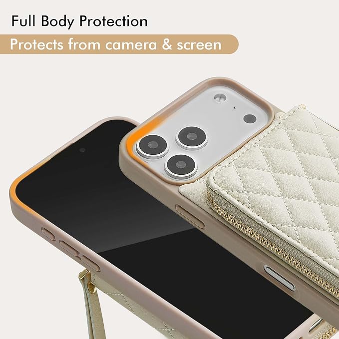 LAMEEKU for iPhone 17 Pro Wallet Case with Card Holder,Crossbody Phone Cover Quilted Leather Zipper Purse 6.3" Beige