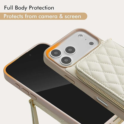 LAMEEKU for iPhone 17 Pro Max Case Wallet with Wrist Strap, RFID Blocking Crossbody Phone Cover for Women 6.9" Beige