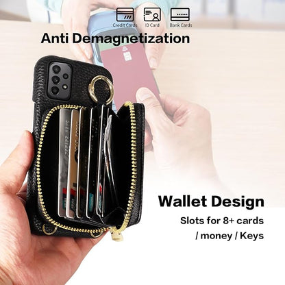 Wallet Case for Samsung Galaxy A53 5G with Shoulder Strap Ring Buckle, PU Leather Zipper Flip Organ Purse, Card Holder Stand Full Body Cell Phone Cover for A 53 G5 53A SM A536U 6.5" 2022 Black