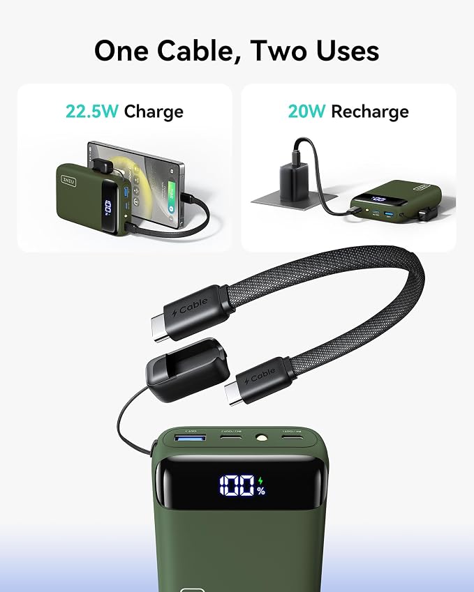 INIU Portable Charger, Smallest 22.5W 20000mAh USB C in & Out Power Bank Fast Charging, PD 3.0+QC 4.0 LED Display Phone Battery Pack Compatible with iPhone 17 16 15 14 Pro Samsung S24 Google, Green