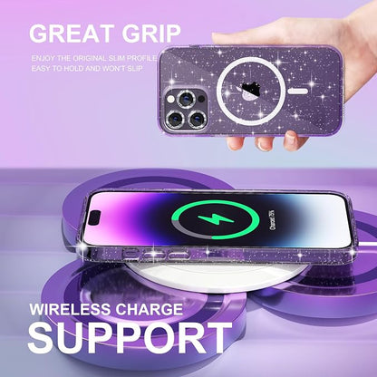 Choiche Magnetic for iPhone 14 Pro Max Case, Women Clear Glitter Bling Sparkly Case, [3xDiamond Camera Lens Protectors] [2xTempered Glass Screen Protectors] [Compatible MagSafe] (Glitter Clear)