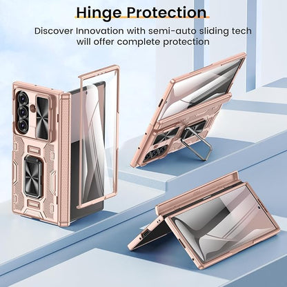 VEGO for Samsung Galaxy Z Fold 7 Case with Stand,Built in Screen Protector | Slide Lens Cover & Hinge Protection Hard Shell Rugged Kickstand Full Body Protective Phone Case for Z Fold 7 2025 - Rose Gold