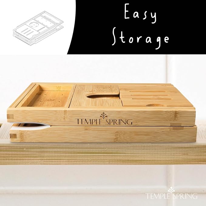 Temple Spring Foldable Bamboo Bathtub Tray Caddy for Tub — Expandable One-Piece Wood Bath Table with Wine Holder Book Stand and Non-Slip Pads — Space-Saving Bath Caddy — Housewarming