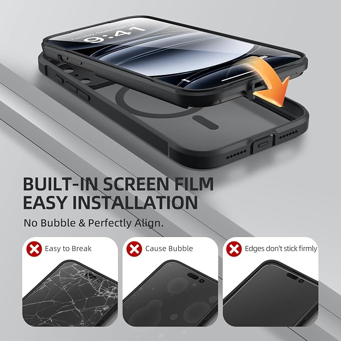 BERFY for iPhone 17 Pro Case, Compatible with MagSafe, Built-in Glass Screen Protector, Camera Protection, Shockproof Full Body Phone case 6.3", Clear Black