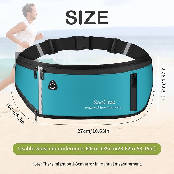 SooGree Slim Running Belt Fanny Pack, Resistant Waist Pack Money Belt Bag for Hiking Cycling Workout, Gym Phone Holder with Adjustable Strap (Blue)