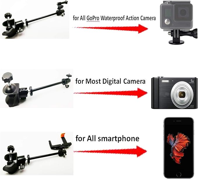 3in1 Universal Heavy Duty Car Headrest Mount Holder for Camcorder/Action Camera/Smartphone with Dual Adjustable Positions and 360° Rotation, Black
