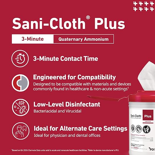 PDI Sani-Cloth Plus Germicidal Cloth, Pack of 160, 6" x 6-3/4" Large Wipes
