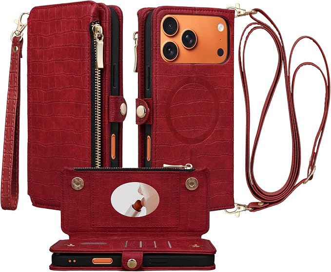 Crossbody Wallet Case for iPhone 17 Pro Max with Mirror, Wrist Strap, Zipper Purse Magnetic Flip, RFID Blocking Card Holder, Wireless Charging, PU Leather Shockproof 6.9" Women (Red)