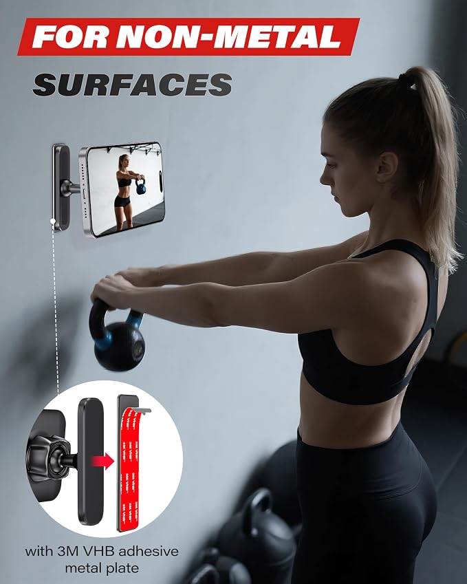 A2C Magnetic Phone Holder for Gym, Aluminum Alloy Base Attach to Metal & Non-Metal Surfaces, Gym Phone Mount for MagSafe iPhone 12-17 Series, Ideal Gym Essentials for Workouts Recording