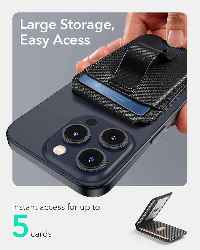 ESR for MagSafe Wallet Stand with Grip, RFID Blocking, MagSafe Ring Included, 5 Cards Holder Magnetic Wallet for iPhone 17e/17/16/15/14/13/12 (Not for 13/12 Mini), Selected Samsung, Black Carbon Fiber