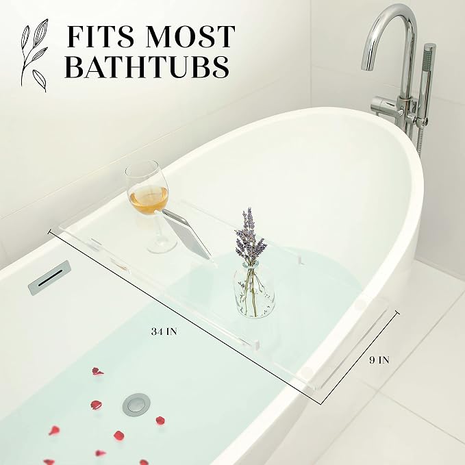 34" Supreme - Clear Acrylic Bathtub Tray Caddy Tub Shelf, Spa Board Luxury Bathroom Bath tub Table, Fits Across Bathtubs, Book, iPad and Wine Glass Holder (Supreme, 34")