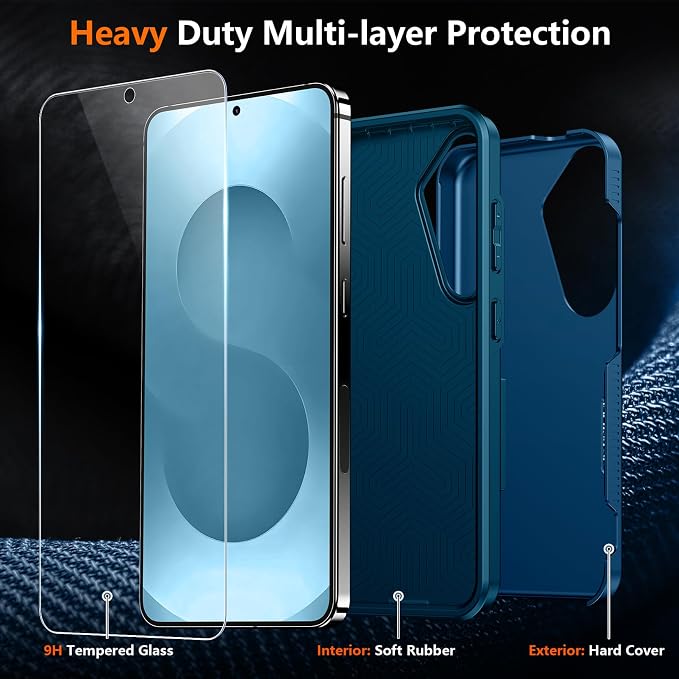 SPIDERCASE Designed for Samsung Galaxy S25 Case, [10 FT Military Grade Drop Protection], 2 Pack [Tempered Glass Screen Protector+Camera Lens Protector] Heavy Duty Shockproof Case,Sea Blue