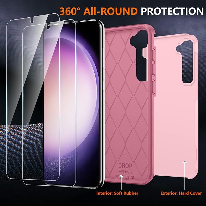 SPIDERCASE Designed for Samsung Galaxy S23 Case, [10 FT Military Grade Drop Protection], 2 Pack [Tempered Glass Screen Protector+Camera Lens Protector] Heavy Duty Shockproof Case, Light Pink