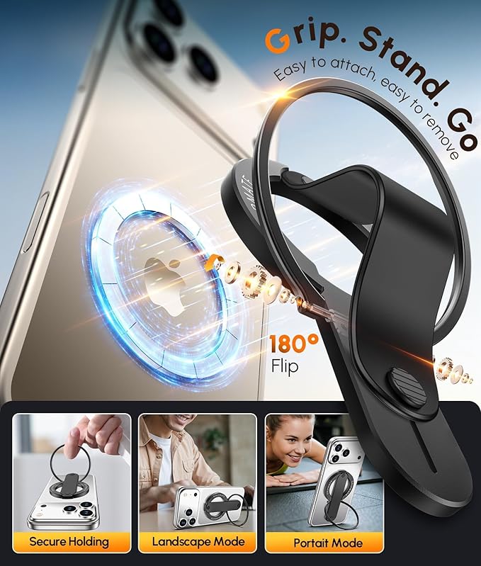 2nd Gen for Magsafe Phone Grip for iPhone - Strong Dual-Sided Magnetic Phone Ring Holder - Detachable, Comfortable Finger Loop Stand for iPhone 17 Pro Max 16 15/14/13/12 Series (Black)