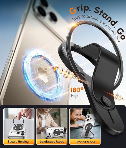 2nd Gen for Magsafe Phone Grip for iPhone - Strong Dual-Sided Magnetic Phone Ring Holder - Detachable, Comfortable Finger Loop Stand for iPhone 17 Pro Max 16 15/14/13/12 Series (Black)