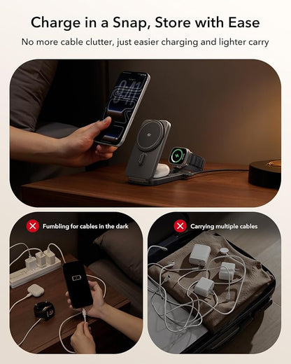 ESR 3 in 1 Charging Station for Apple, Qi2.2 25W MagSafe Charger with CryoBoost, Phone-Cooling Wireless Charging Station Foldable, for iPhone 17/16 with iOS 26(50W Adapter), AirPods, Apple Watch,Black
