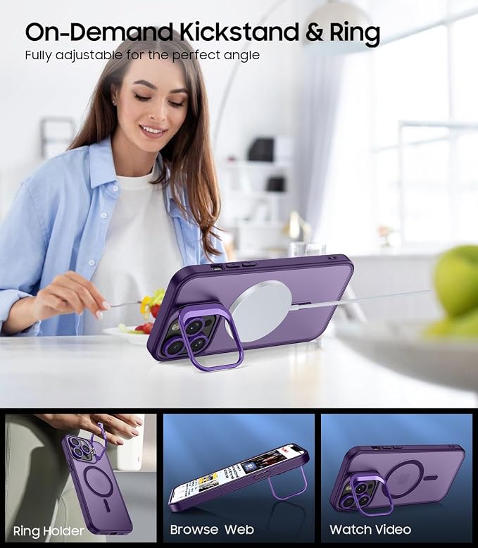 for iPhone 14 Pro Max Case, Compatible with MagSafe, Built-in Camera Ring Stand, with Individual Camera Cover, Translucent Matte Military-Grade Drop Protection Magnetic Case, Purple
