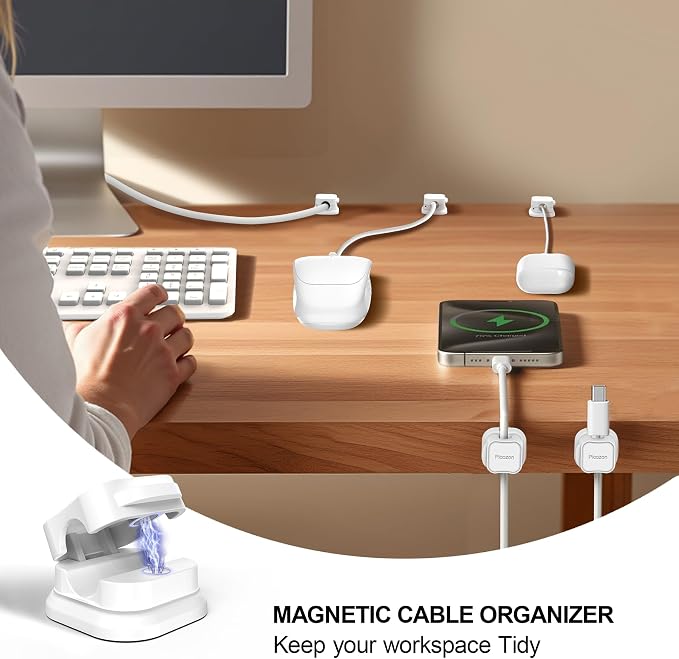 48 Pack Magnetic Cable Clip Organizer Cord Holder, Picozon Adhesive Cable Management, Wire Phone USB Charger Cable Holder, Keeper Organizer for Office Home Desktop Table - White