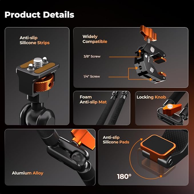 K&F CONCEPT 22" Magic Arm Clamp Kit, Overhead Desk Camera Mount, Long Articulating Friction Boom Arm for Phone, Action Camera, LED Light, Microphone