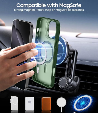 for iPhone 16 Pro Max Case, Compatible with MagSafe, Built-in Camera Ring Stand, with Individual Camera Cover, Translucent Matte Military-Grade Drop Protection Magnetic Case, Green