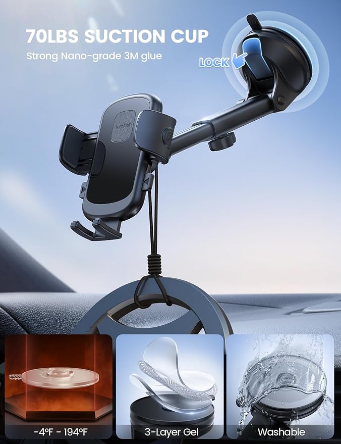 Lamicall Phone Mount for Car [3-in-1 Military-Grade Suction Cup] 360° Rotation Phone Holders for Your Car [Metal Hook] Cell Phone Car Mount Dashboard Vent Windshield All Smartphone LeatherGrain