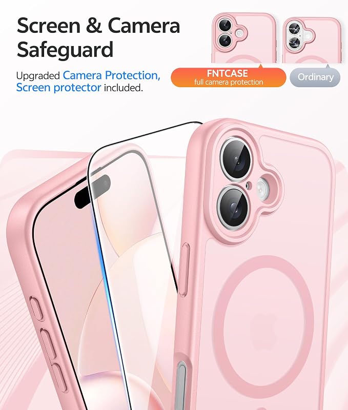 FNTCASE for iPhone 16 Case: [Compatible with Magsafe] Translucent Matte Cases with [Full Camera Protection] [Screen Protector] Military Grade Shockproof Protective Phone Cover - Light Pink