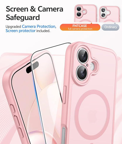 FNTCASE for iPhone 16 Case: [Compatible with Magsafe] Translucent Matte Cases with [Full Camera Protection] [Screen Protector] Military Grade Shockproof Protective Phone Cover - Light Pink