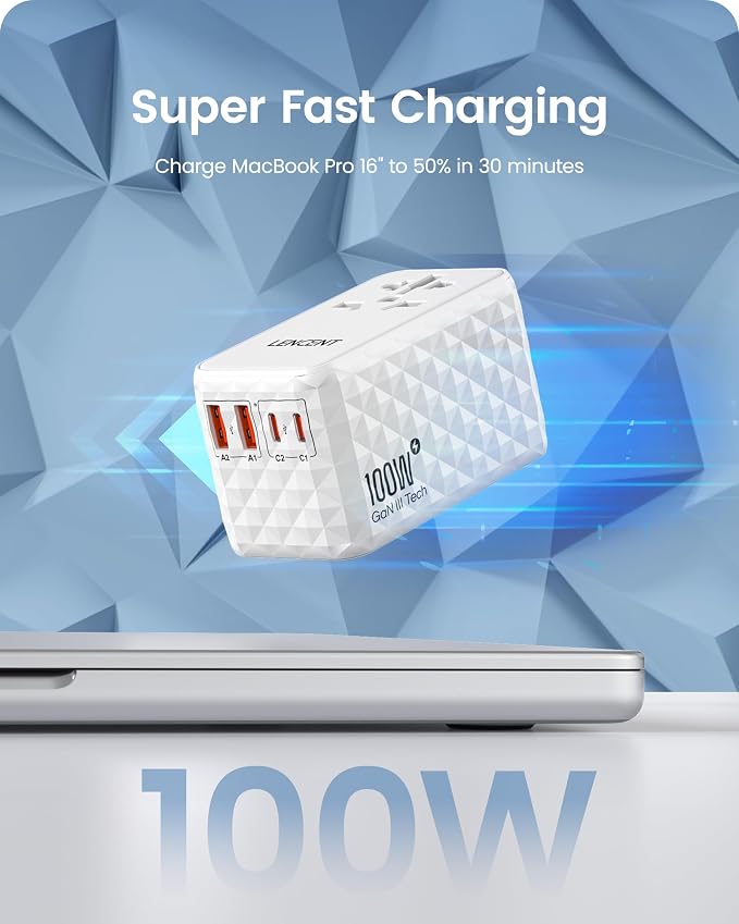 LENCENT 100W International Travel Adapter, Universal Travel Adapter | with 2 USB-A & 2 Type C Power Adapter, Fast Charging for Phone,Laptops, All-in-One Outlet Adapter for USA/UK/EU/AUS, White