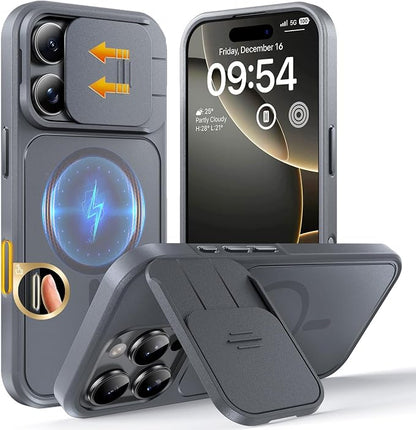 TOCOL for iPhone 16 Pro Max Case with Slide Camera Cover, Kickstand and Camera Control Button, Fit for MagSafe, Rugged Solid Phone Case, Non-Slip, Drop Protection, Gray
