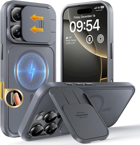 TOCOL for iPhone 16 Pro Max Case with Slide Camera Cover, Kickstand and Camera Control Button, Fit for MagSafe, Rugged Solid Phone Case, Non-Slip, Drop Protection, Gray