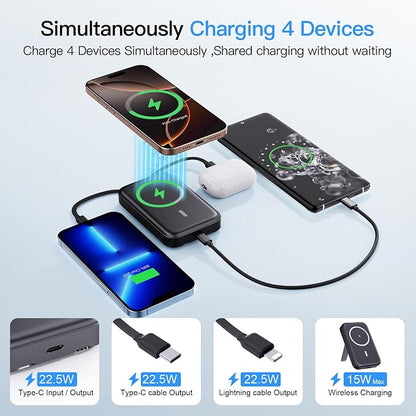 2026 Latest Portable Charger, 10000mAh Magnetic Wireless Power Bank with 2 Built in Cables, LED Display Battery Pack Travel Essentials for iPhone 17/16/15/14/13/Pro/Mini/Pro Max Andriod