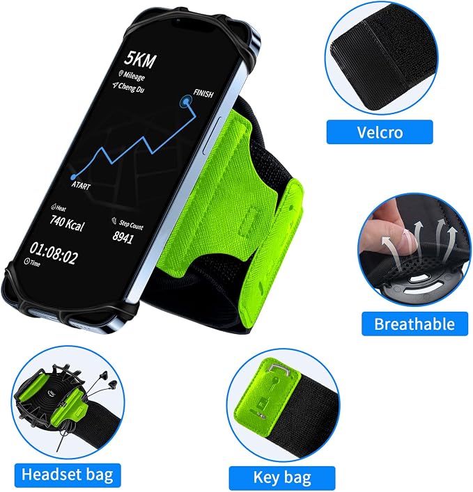 Wristband Running Phone Holder for 4~6.5‘’ Phone, 360°Rotation & Detachable Sports Phone Armband Running for iPhone 17/16/15/14/13/12/Pro/Pro Max/XS/XR/X/8/7/6/Plus, Green