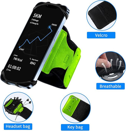 Wristband Running Phone Holder for 4~6.5‘’ Phone, 360°Rotation & Detachable Sports Phone Armband Running for iPhone 17/16/15/14/13/12/Pro/Pro Max/XS/XR/X/8/7/6/Plus, Green
