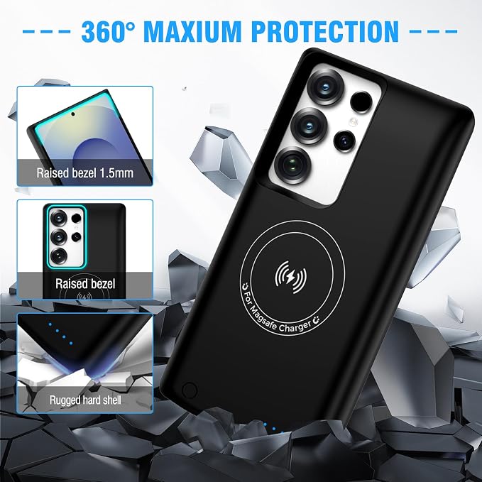 S25 Ultra Battery Charging Case, 10000mAh Portable Rechargeable Wireless Charging Case for Samsung Galaxy S25 Ultra 5G(6.9 inch), Protective Extended Battery Pack Charger Cover - Black