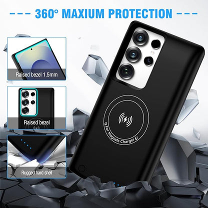 S25 Ultra Battery Charging Case, 10000mAh Portable Rechargeable Wireless Charging Case for Samsung Galaxy S25 Ultra 5G(6.9 inch), Protective Extended Battery Pack Charger Cover - Black