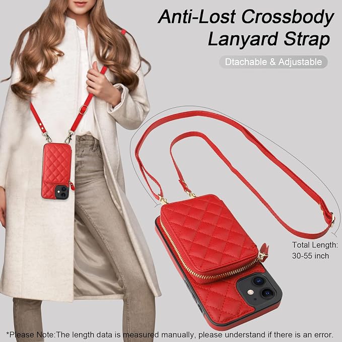 Bocasal Crossbody Wallet Case for iPhone 12/12 Pro, RFID Blocking PU Leather Zipper Handbag Purse Flip Cover, Kickstand Folio Case with Card Slots Holder Wrist Strap Lanyard 5G 6.1 Inch (Red)