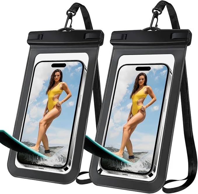 [2 Pack Waterproof Phone Case, Universal Dry Bag for iPhone 15/14/13/12 Pro Max, IPX8 Waterproof Pouch, Cruise Ship & Beach Essentials, Black & Black - 6.8"