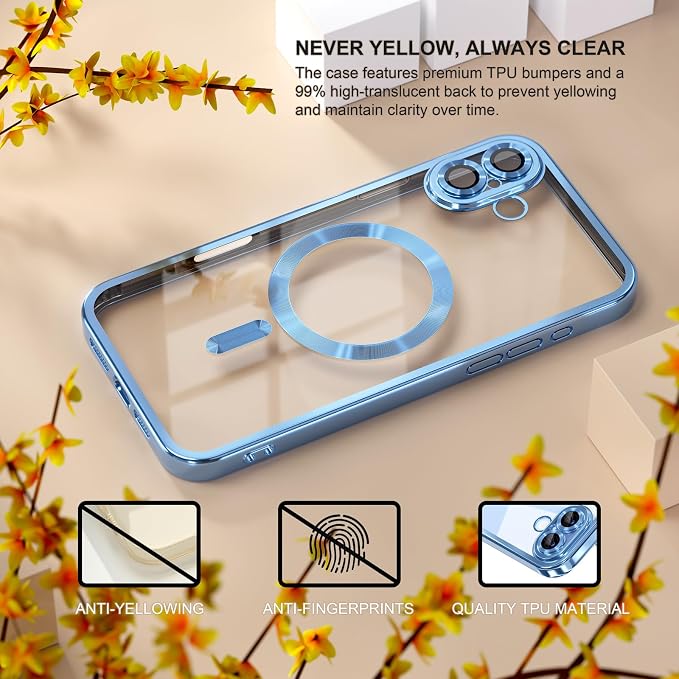 Misea Magnetic for iPhone 17 Case Compatible with MagSafe [Never Yellowing] [Military Grade Drop Protection] Full Camera Lens Protector Plating Soft Clear Phone Case for Women, Mist Blue