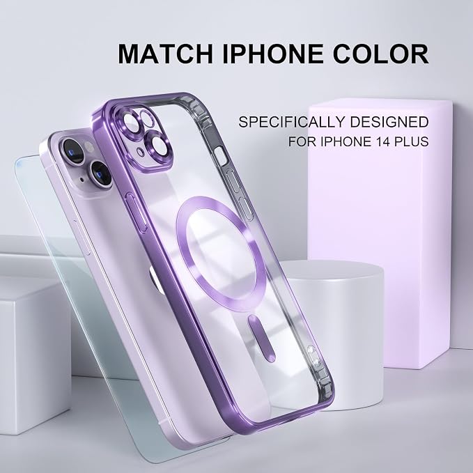 Misea Magnetic for iPhone 14 Plus Case Compatible with MagSafe [Never Yellowing] [Military Grade Drop Protection] Full Camera Lens Protector Plating Soft Clear Phone Case for Women Girls, Purple