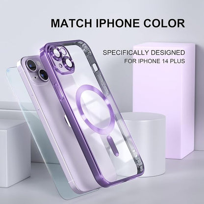 Misea Magnetic for iPhone 14 Plus Case Compatible with MagSafe [Never Yellowing] [Military Grade Drop Protection] Full Camera Lens Protector Plating Soft Clear Phone Case for Women Girls, Purple