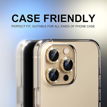 Choiche Compatible for iPhone 13 Pro/iPhone 13 Pro Max Camera Lens Protector Bling, 9H Tempered Glass Camera Cover Screen Protector Metal Ring Decoration Accessories (Glitter-Gold)