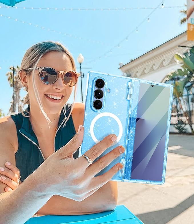 Btscase for Samsung Galaxy Z Fold 8 Ultra Case,Built in Front Screen Protector,[Compatible with MagSafe] Marble Hard PC Slim Shockproof Full Body Drop Protective Case for Z Fold 8 Ultra, Blue Glitter