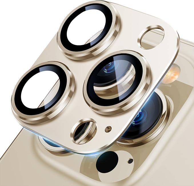 UniqueMe for iPhone 13 Pro/iPhone 13 Pro Max Camera Lens Protector, [Strong Drop Protection] [Not Easy to Fall-off] Metal Ring Tempered Glass Rear Camera Screen Cover - Gold