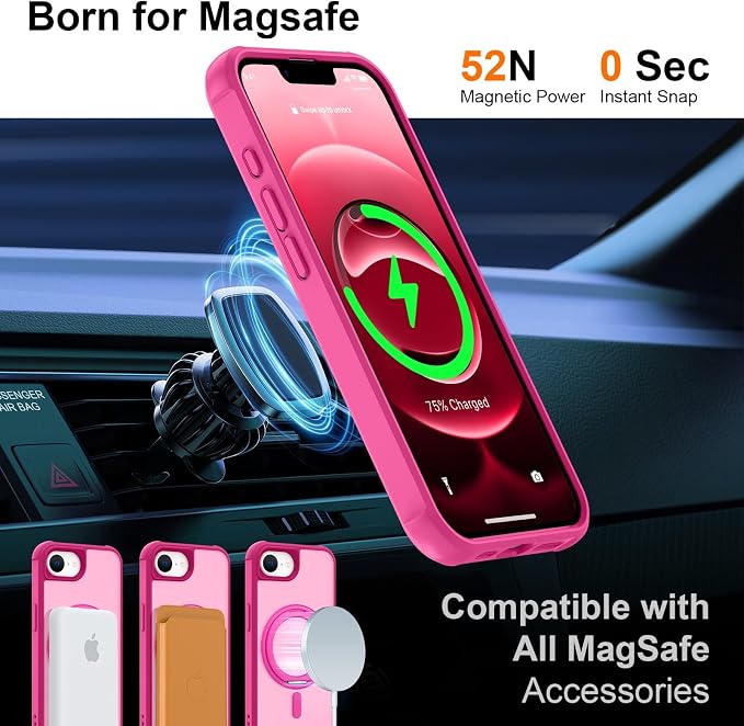 360° Magnetic Swivel Ring for iPhone 16E & 17E Case, Built-in Metal Stand and Ring Holder, Magsafe Compatible, Military Grade Protection, Shock and Vibration Resistant - Rose Pink