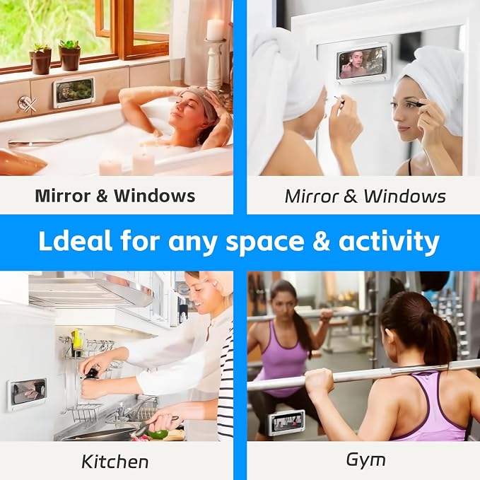 Waterproof Shower Phone Holder with 360° Rotation, Angle Adjustable,Anti-Fog High Sensitivity iPhone Case,Wall Phone Mount Stand for Bathroom Mirror Bathtub Kitchen, for 4-7’’ cellphones (Sonw White)