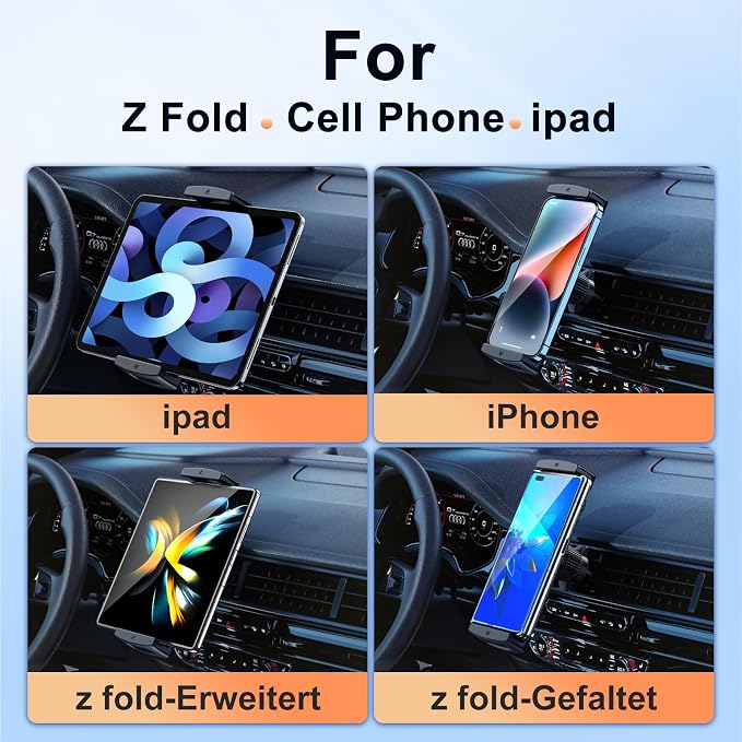 Car Phone Mount for Samsung Galaxy Z Fold 7 6 5 4 3 Accessories - Tablet Holder for Car Air Vent Handsfree, 360° Rotatable Fit for iPad Mini 6 iPad Pro iPad Air Pixel Fold and More 4-12.9" Device